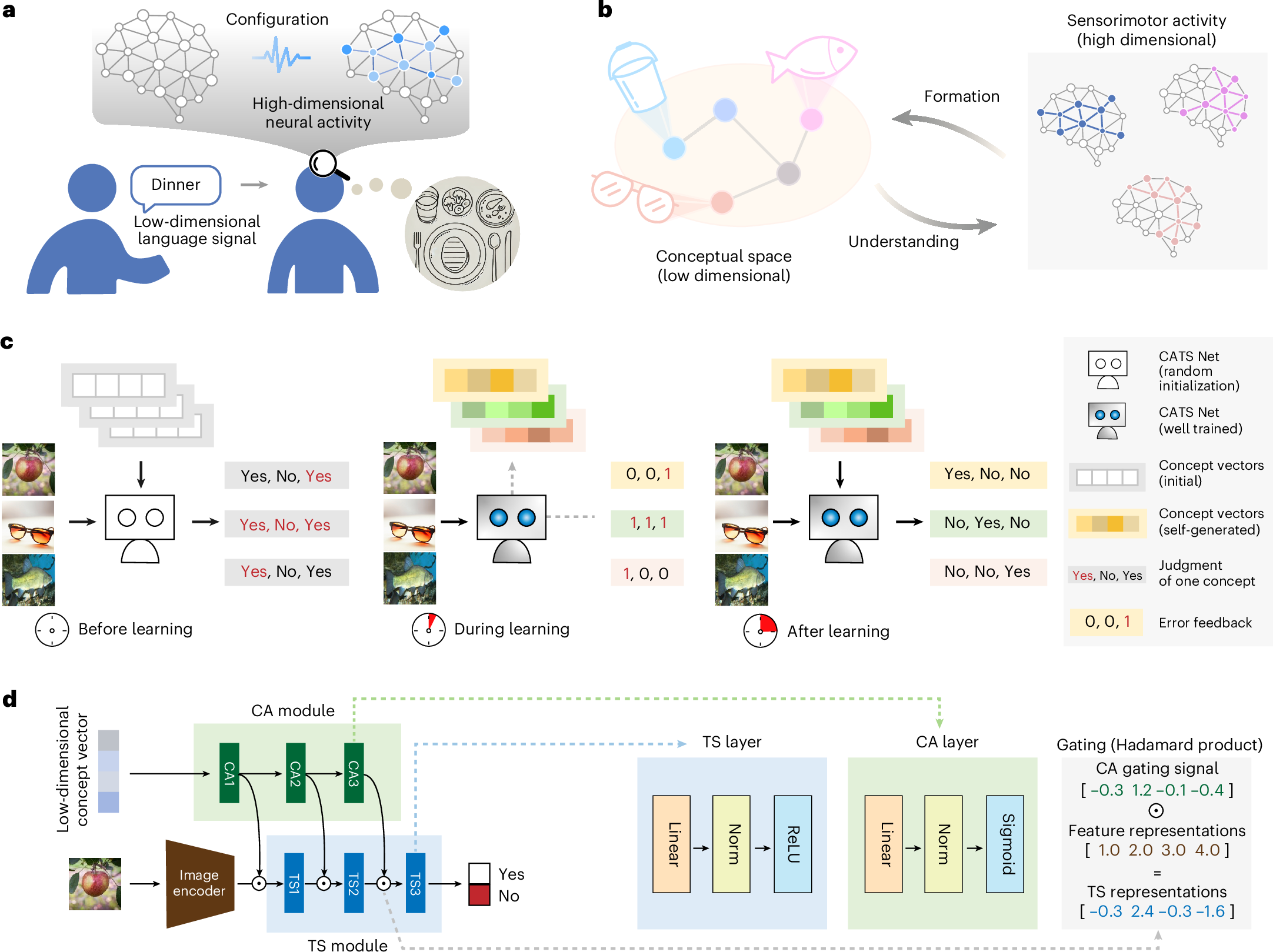 Fig. 1: Motivation, experimental approach and architecture of CATS Net for concept decoupling and formation.
